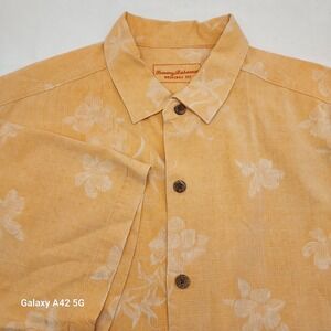 Tommy Bahama Mens Large Orange 100% Silk Floral Jacquard Short Sleeve Shirt L/G